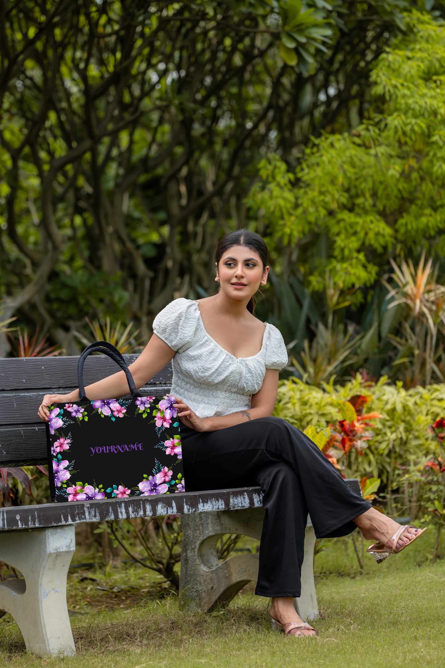 Customised Canvas Black Flower Tote bag