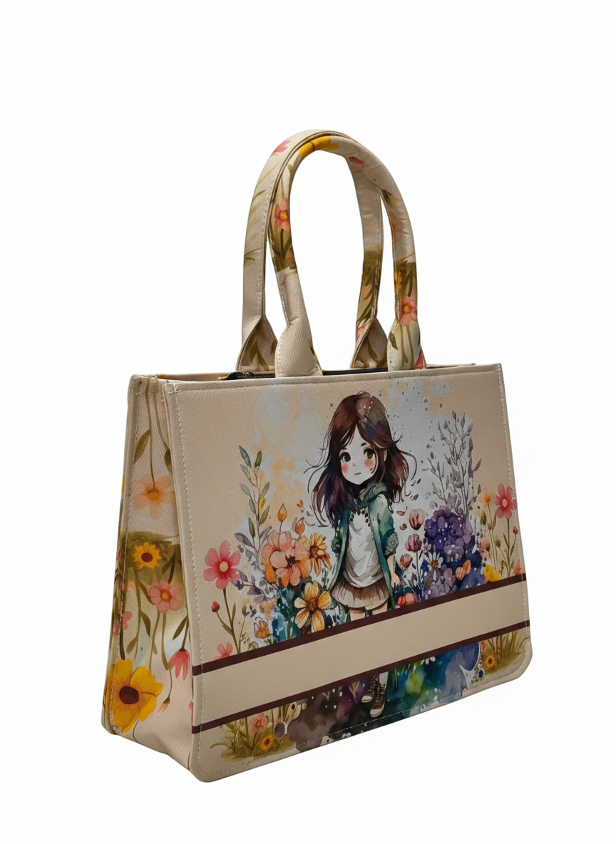 Customized Name Cute Girl Canvas Tote Bag for Women | Personalised Floral Illustration Handbag | Custom Gift Tote Bag