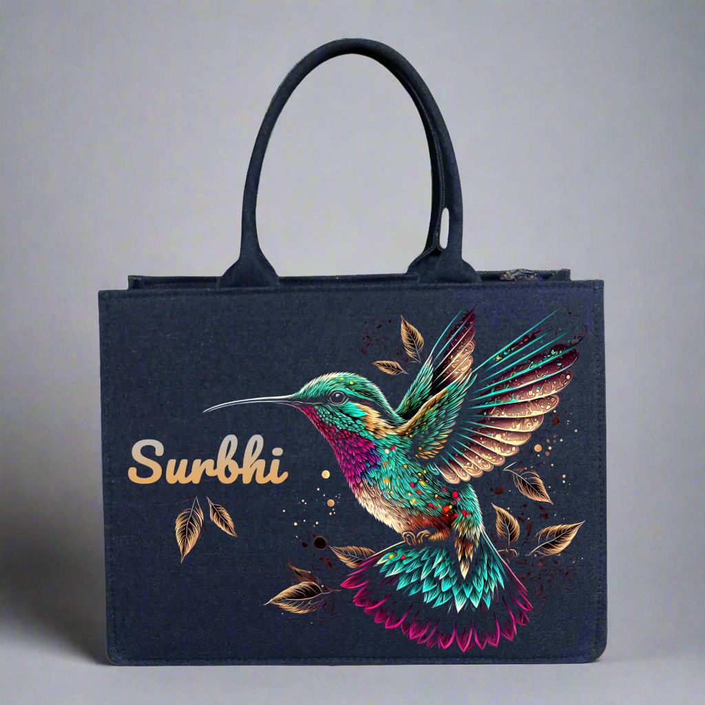 Customized Denim Everyday Tote Bag With Humming Bird