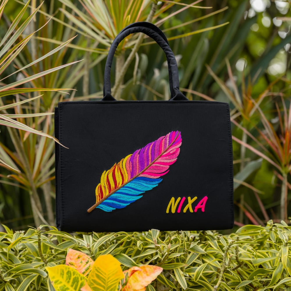 "Nixa Bloom Embroidered Colorful Feather Tote"