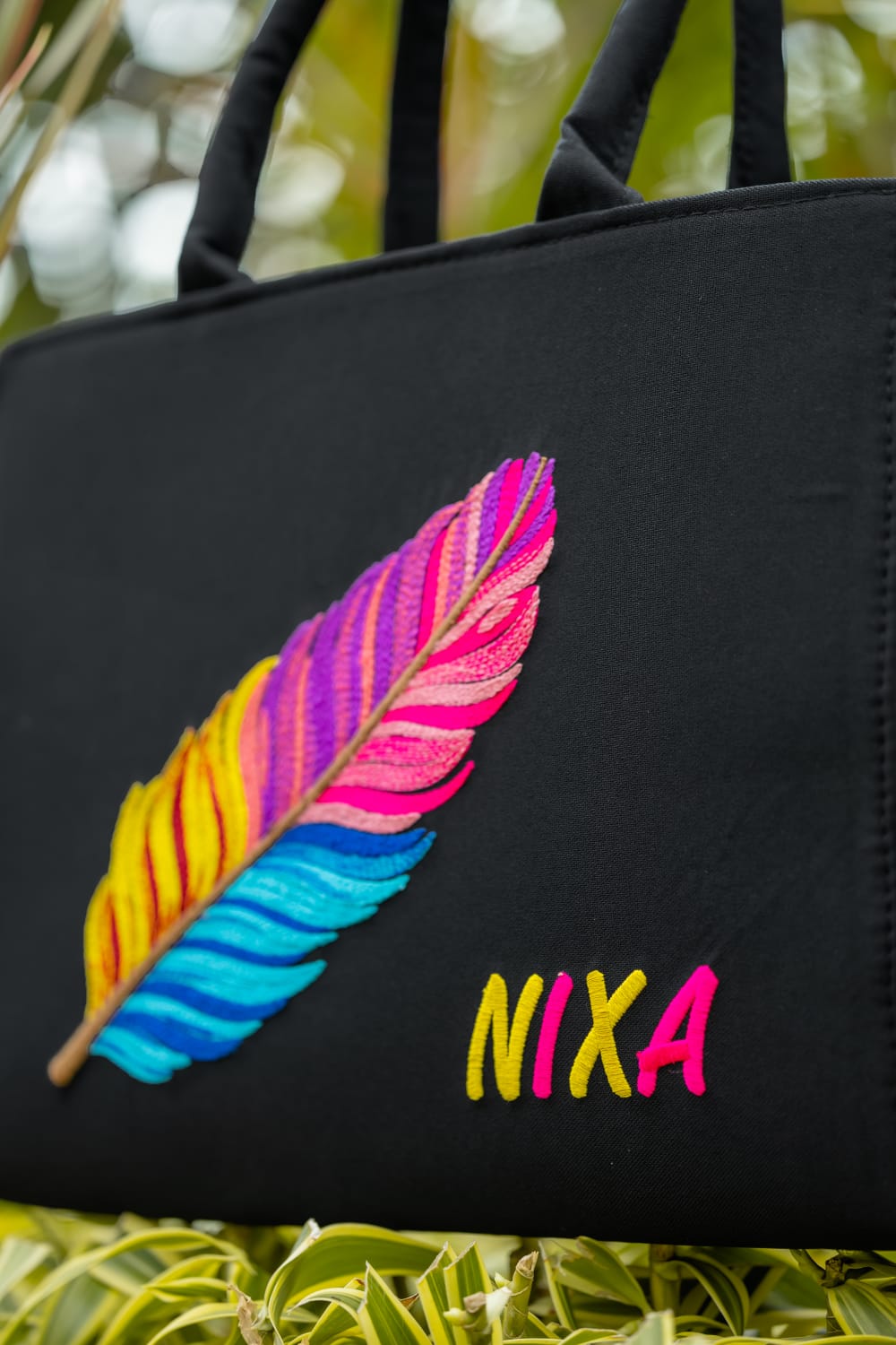 "Nixa Bloom Embroidered Colorful Feather Tote"