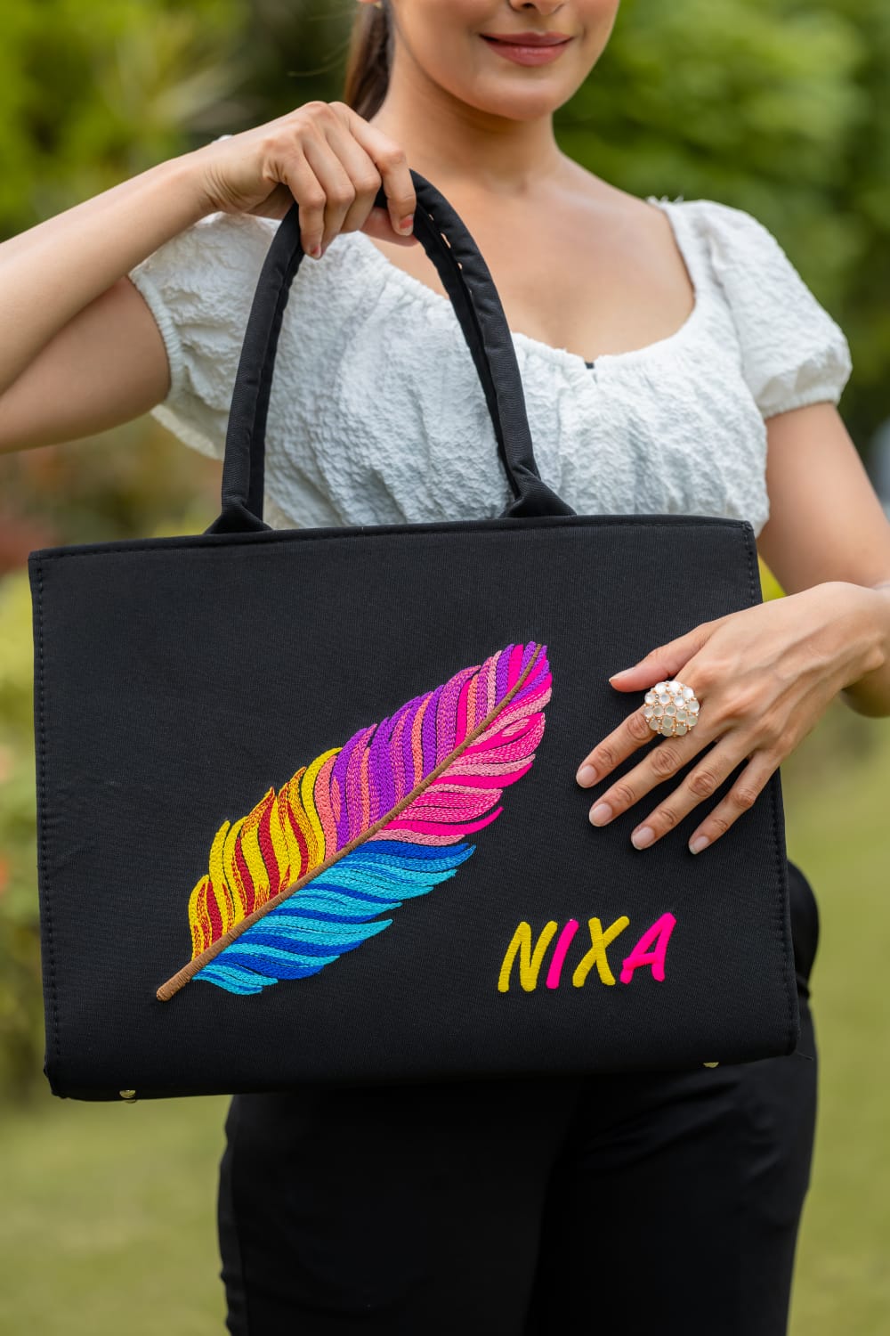 "Nixa Bloom Embroidered Colorful Feather Tote"