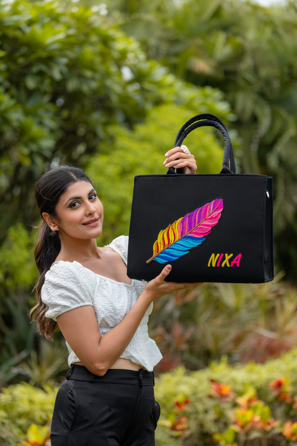 "Nixa Bloom Embroidered Colorful Feather Tote"