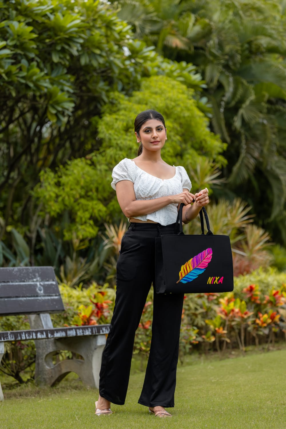 "Nixa Bloom Embroidered Colorful Feather Tote"