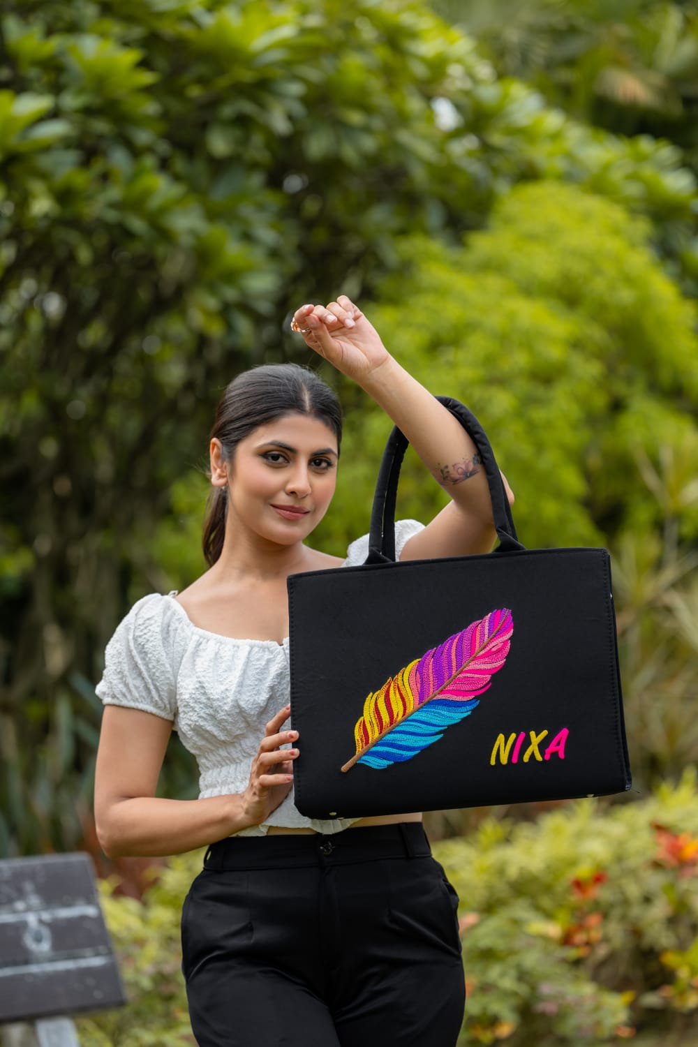 "Nixa Bloom Embroidered Colorful Feather Tote"
