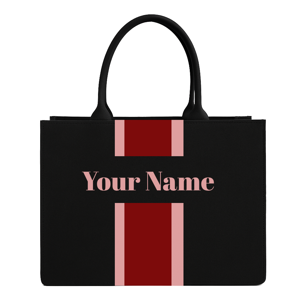 Personalized Tote Bag with Name – Custom Black Canvas Handbag with Stripes