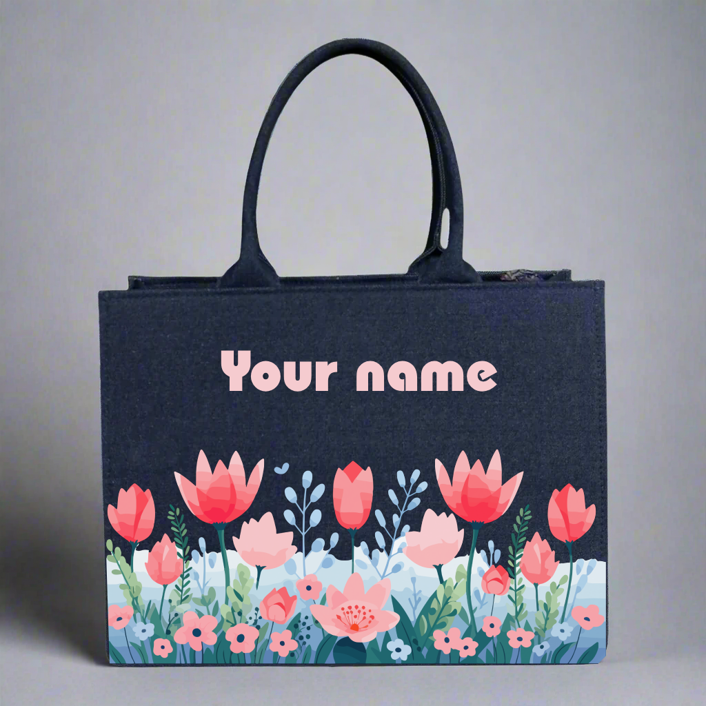 Customized Denim Everyday Tote Bag With colorful Flower