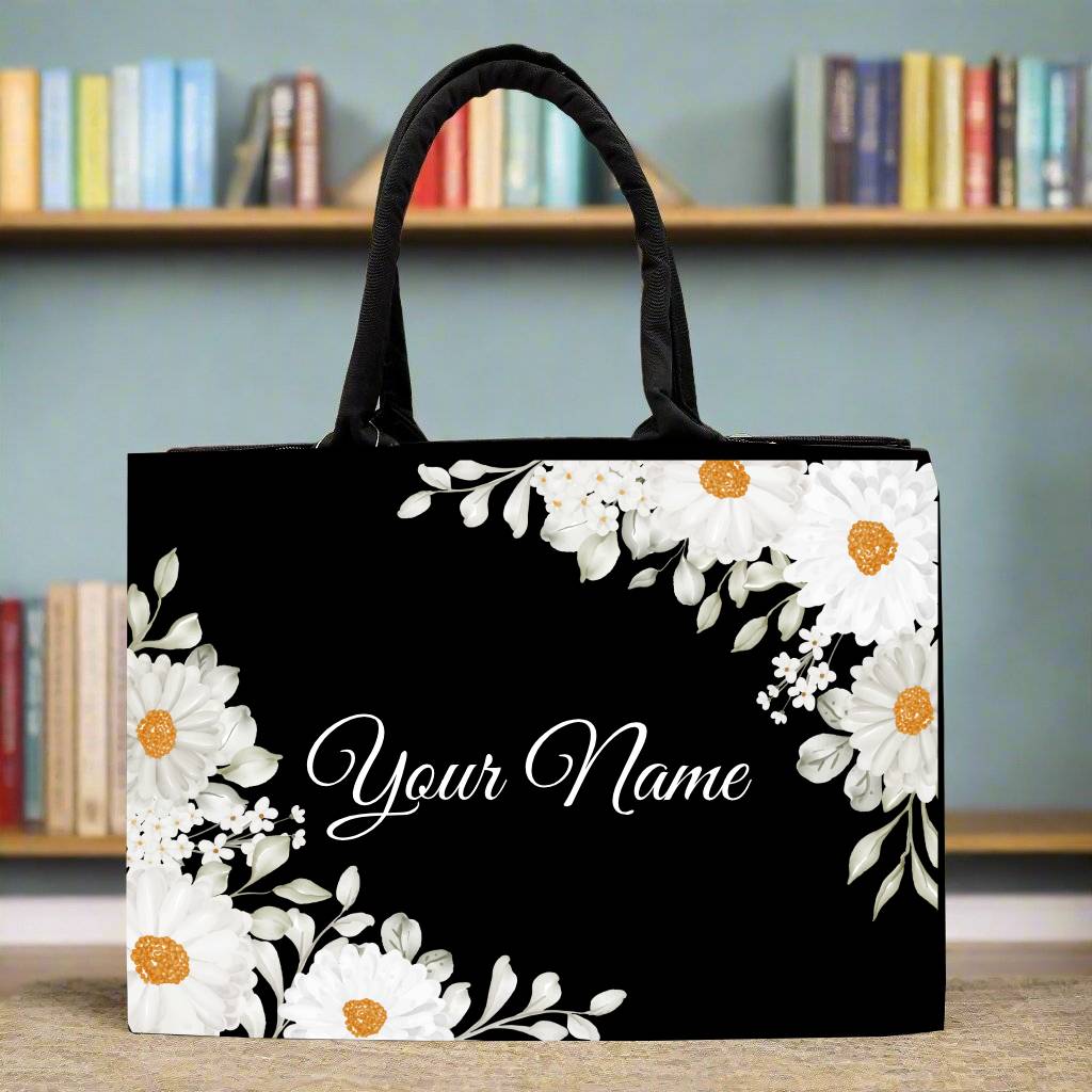 Canvas Cute Customised White Flowers Tote bag