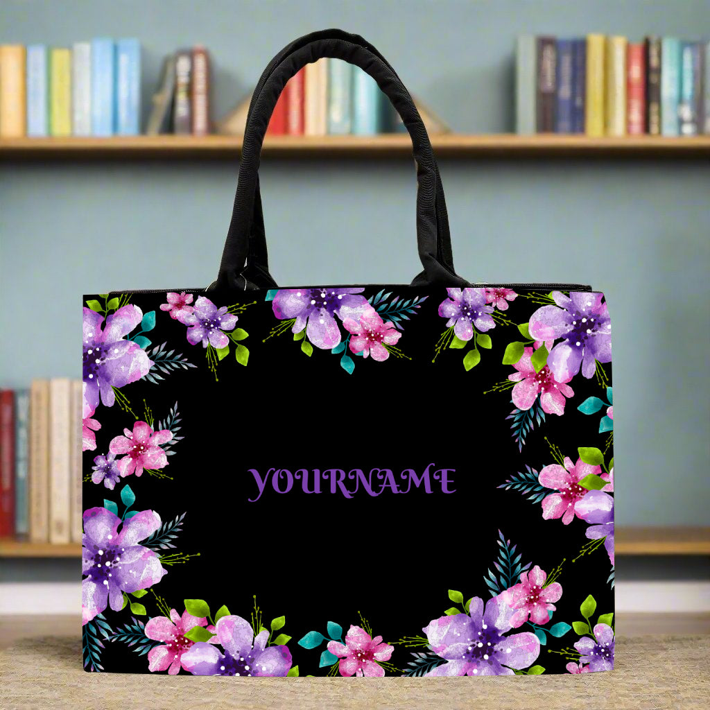 Customised Canvas Black Flower Tote bag