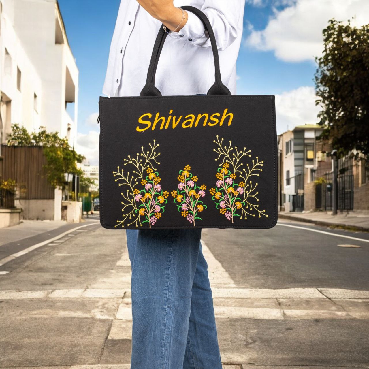 "Nixa Bloom Embroidered Colorful Flower Valley Tote