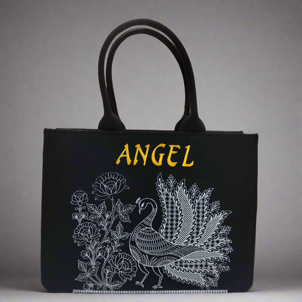 "Nixa Bloom Embroidered Peacock tote Bag