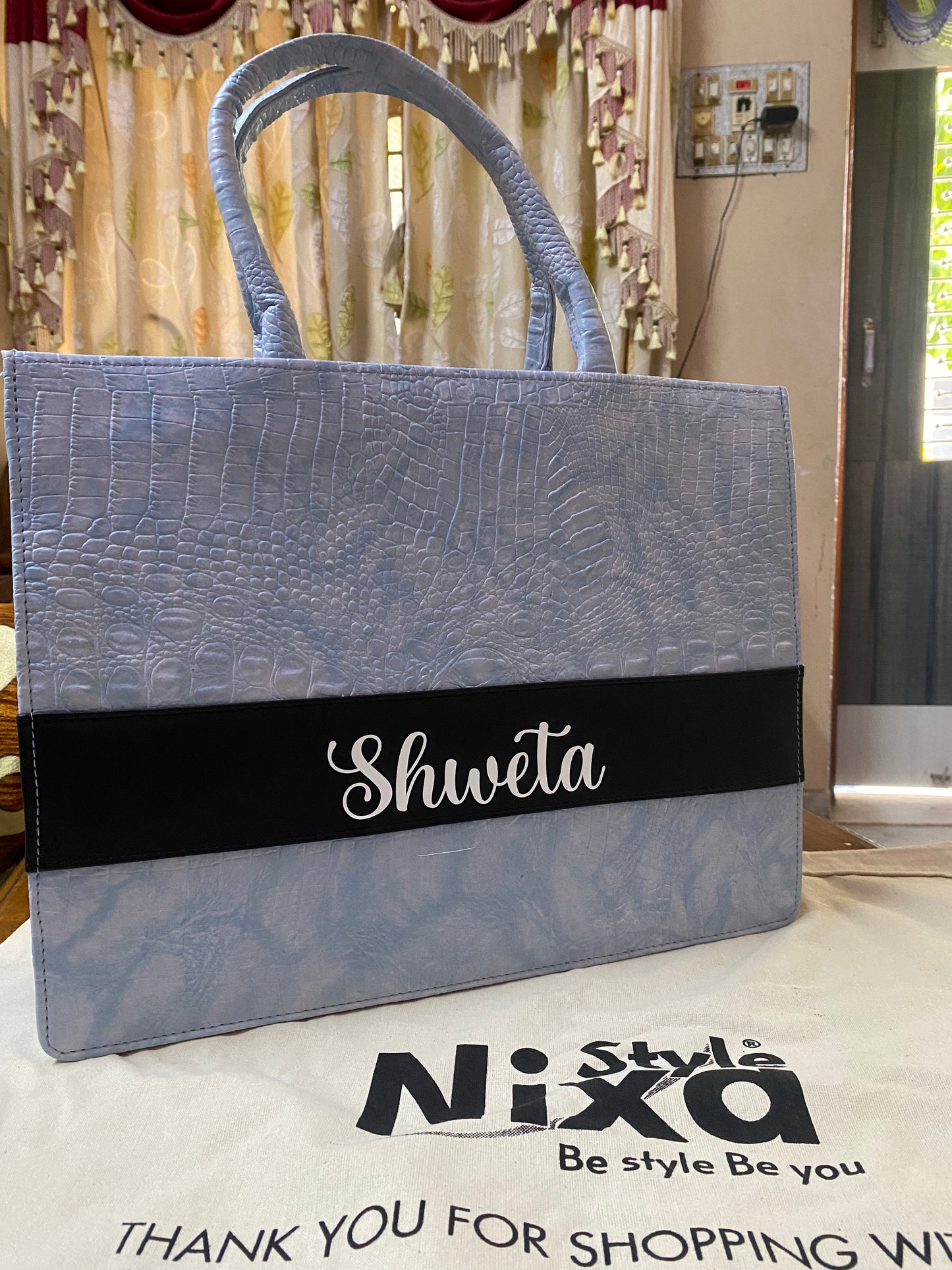 Customised Sky-blue Croco Synthetic Leather Tote Bag