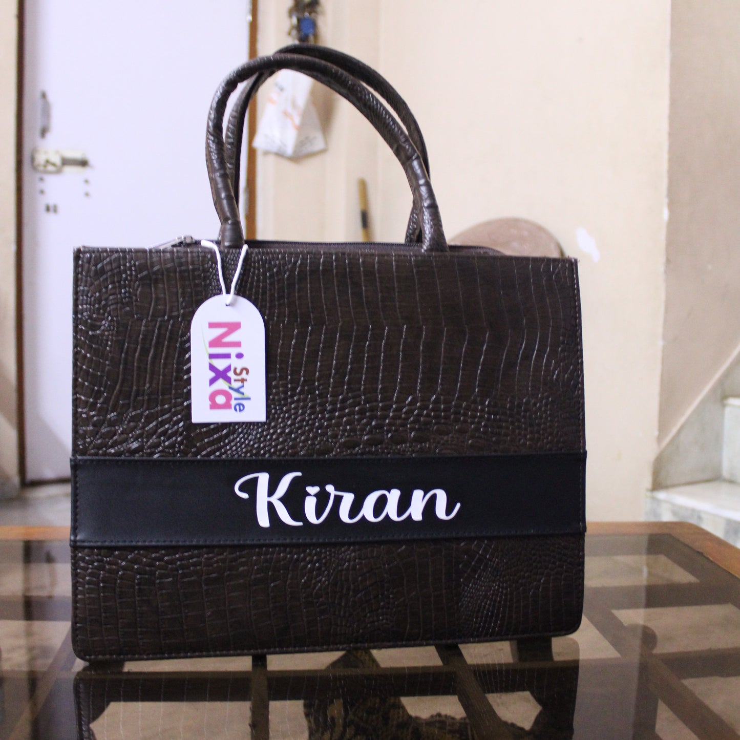 Customised Coffee Croco Synthetic Leather Tote Bag