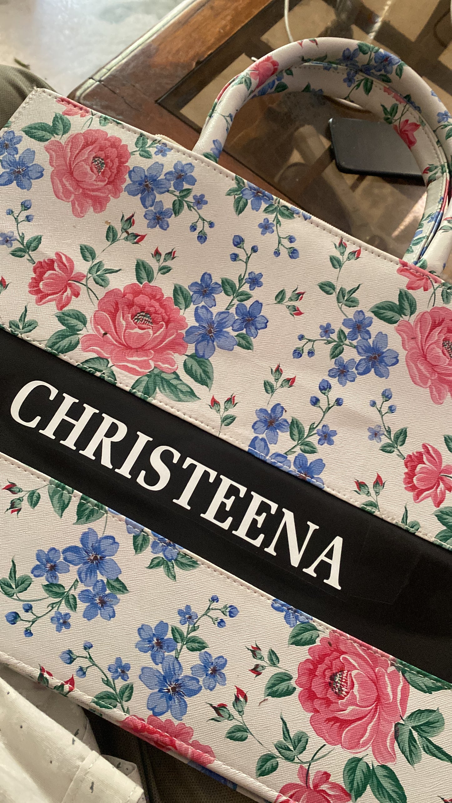 Customised Floral Synthetic Leather Tote Bag