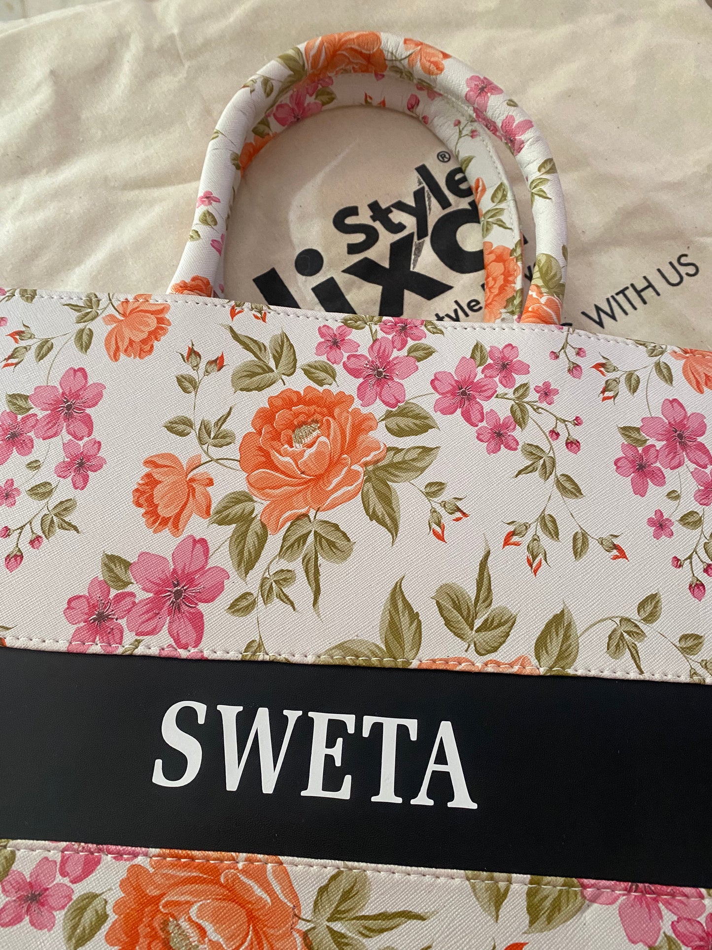 Customised Floral Synthetic Leather Tote Bag