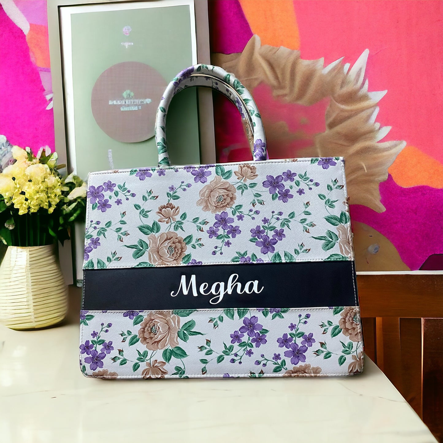 Customised Floral Synthetic Leather Tote Bag