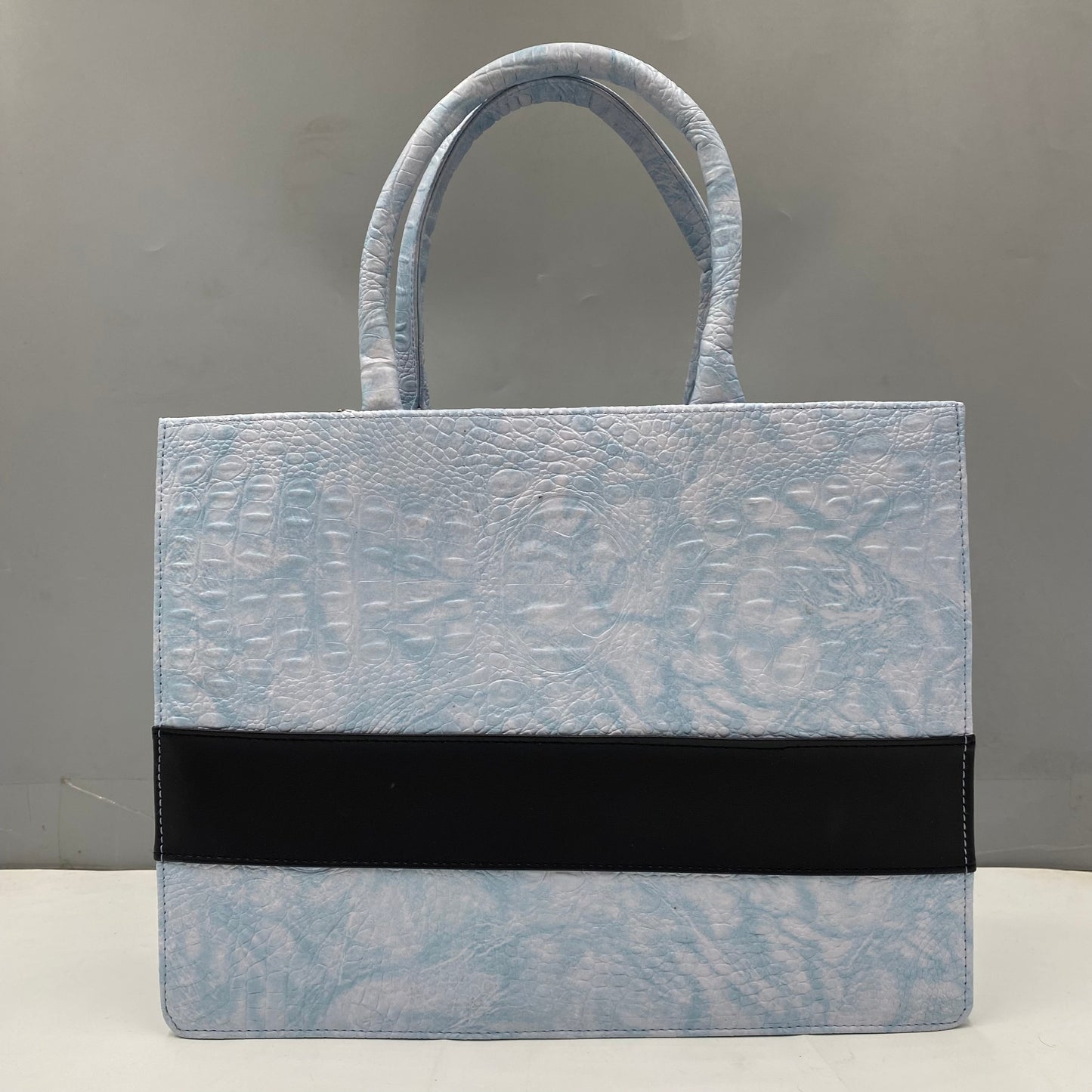 Customised Sky-blue Croco Synthetic Leather Tote Bag