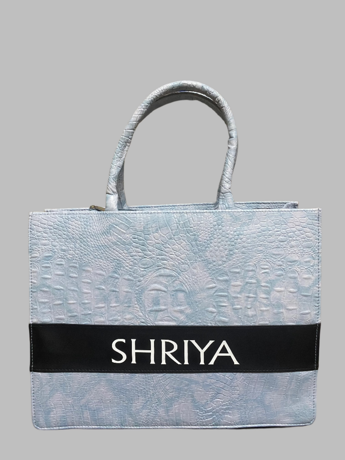 Customised Sky-blue Croco Synthetic Leather Tote Bag