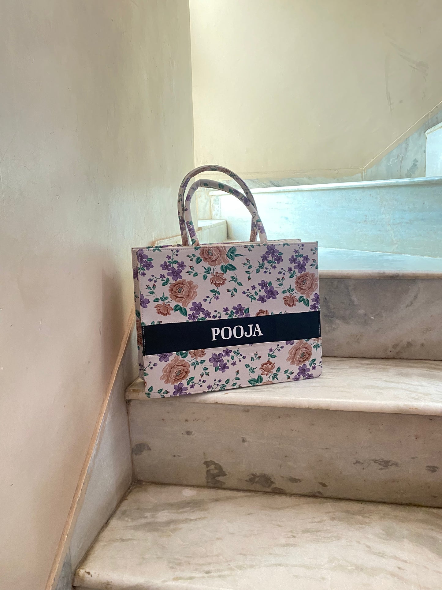 Customised Floral Synthetic Leather Tote Bag