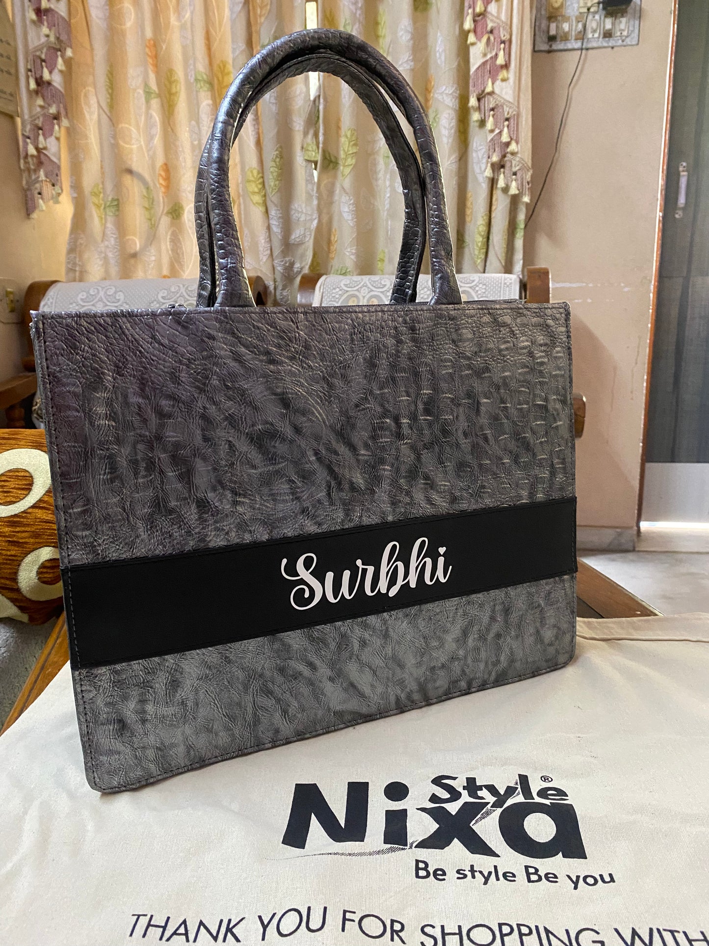 Customised Silver Croco Synthetic Leather Tote Bag