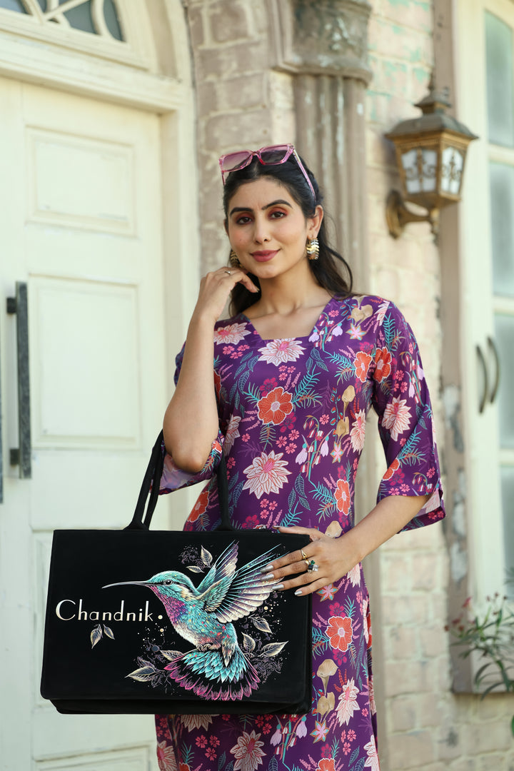 Customized Hummingbird Tote Bag for Women | Nixa Style Personalized Premium Black Handbag with Name
