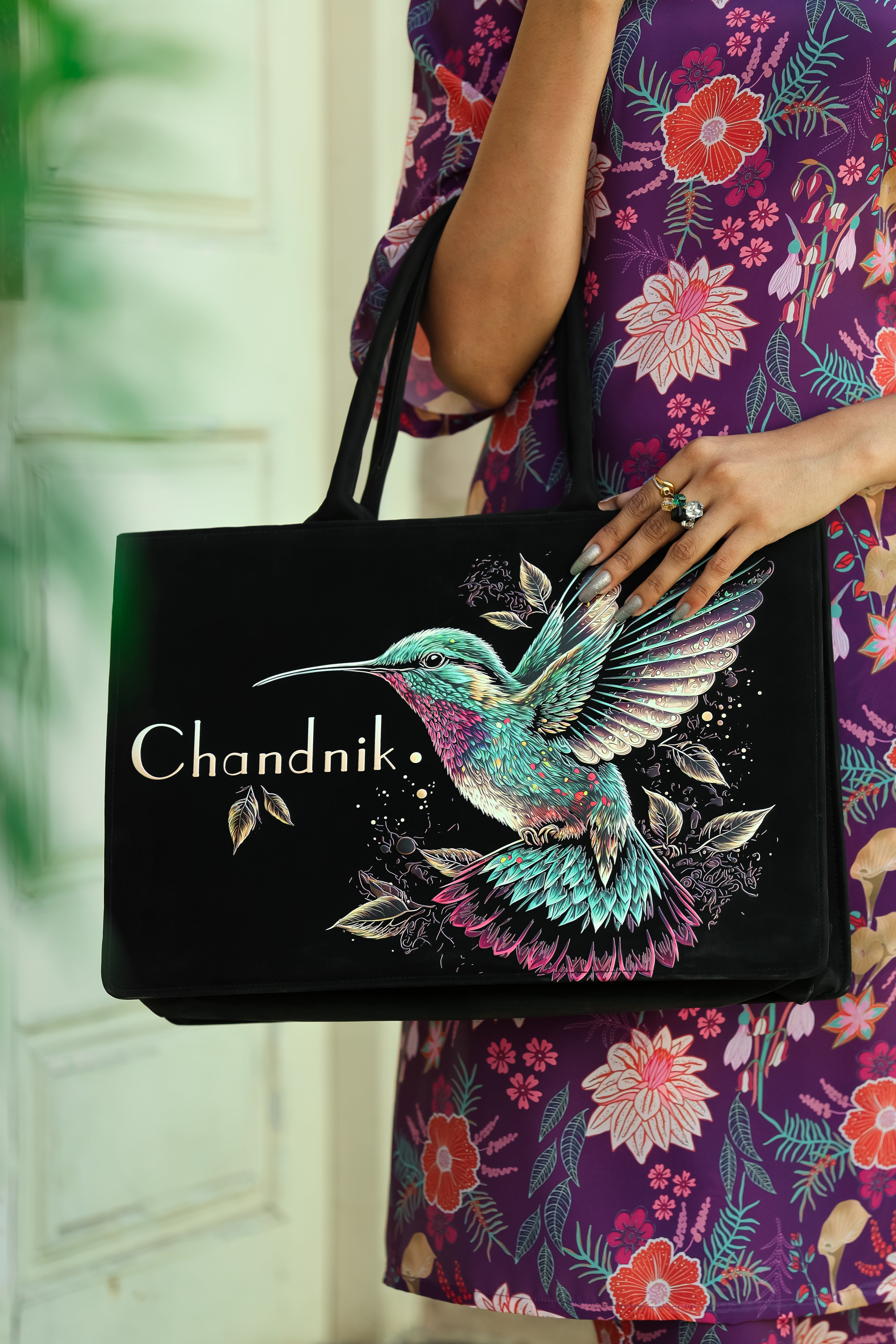 Customized Hummingbird Tote Bag for Women | Nixa Style Personalized Premium Black Handbag with Name