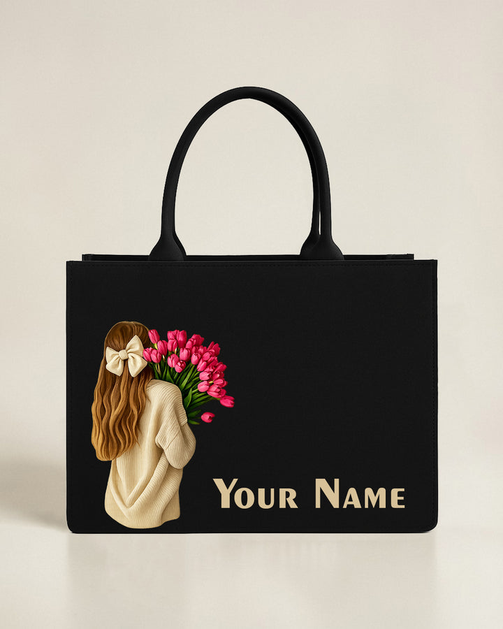 Customised Girl With Tulip Flowers Tote Bag with Name | Personalized Canvas Tote Bag for Women – Nixa Style