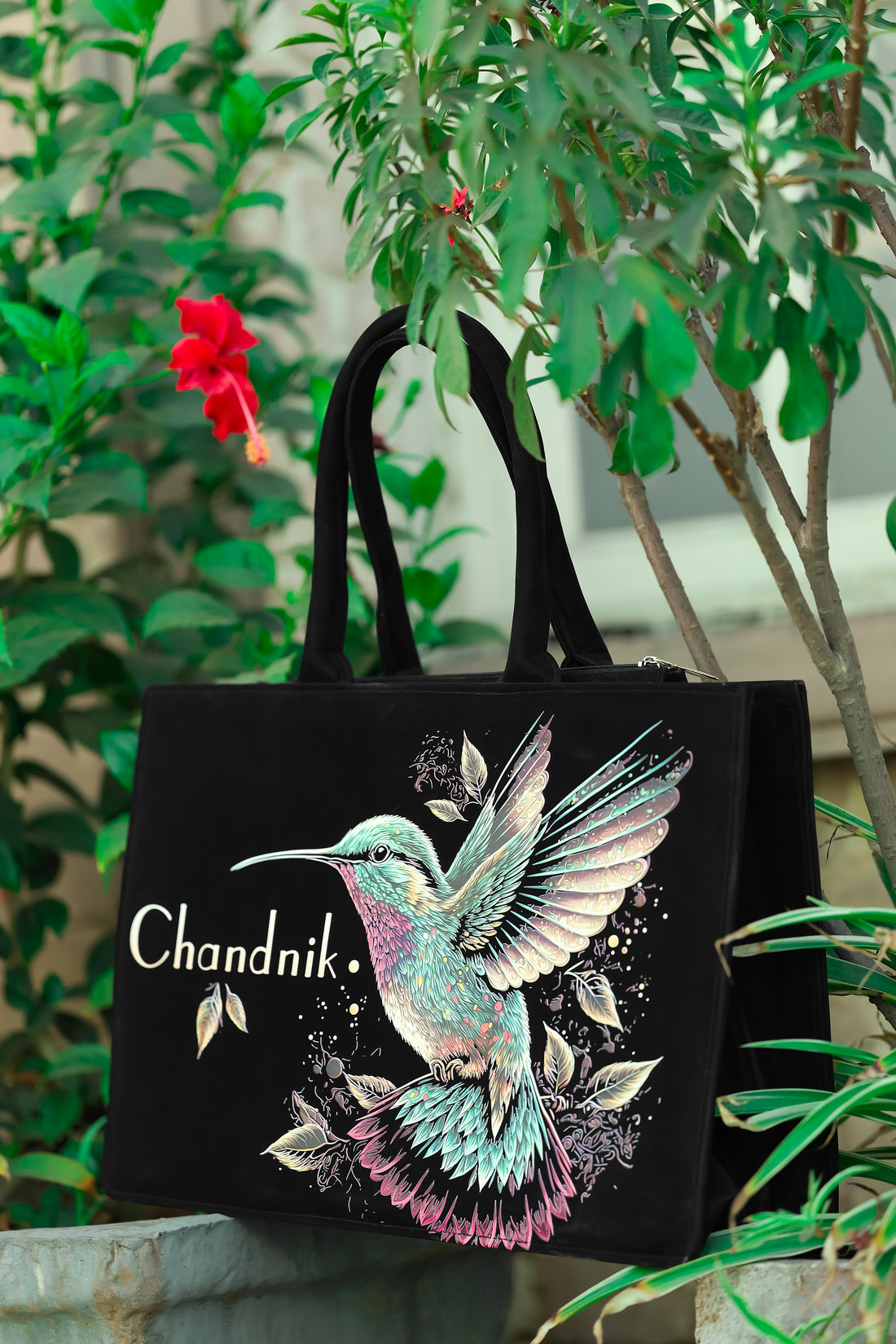 Customized Hummingbird Tote Bag for Women | Nixa Style Personalized Premium Black Handbag with Name
