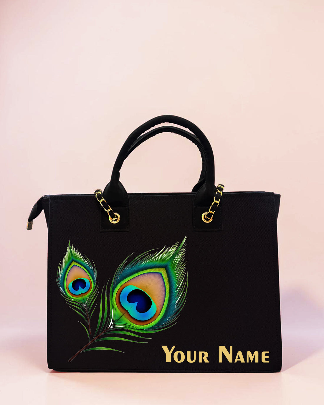 Personalized Peacock Feather Tote Bag for Women – Custom Name Handbag