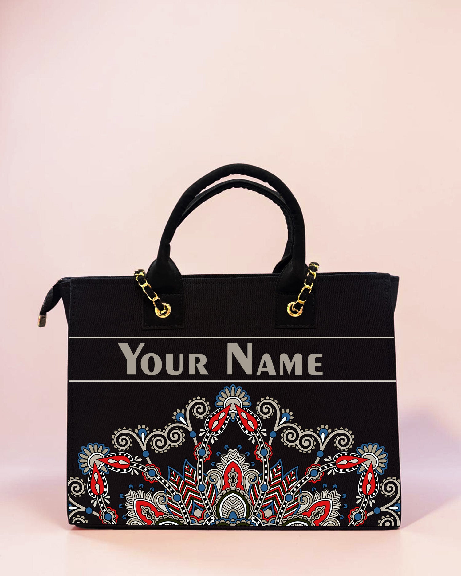 Personalized Mandala Tote Bag for Women – Custom Name Ethnic Handbag