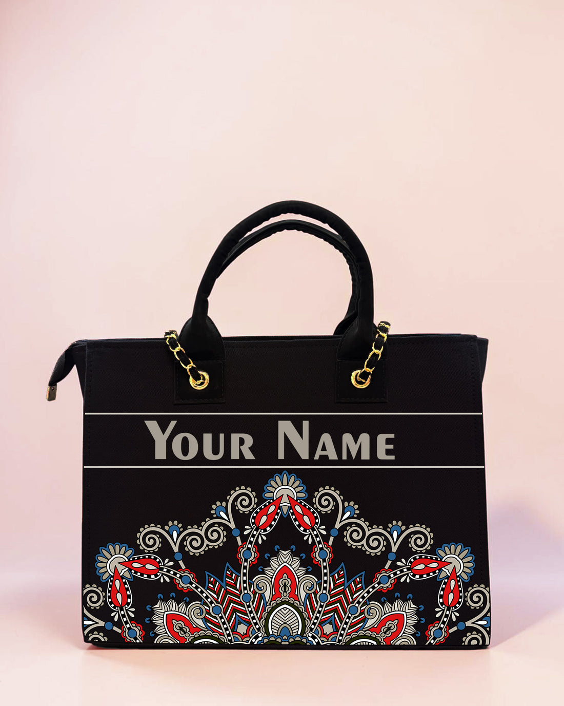 Personalized Mandala Tote Bag for Women – Custom Name Ethnic Handbag