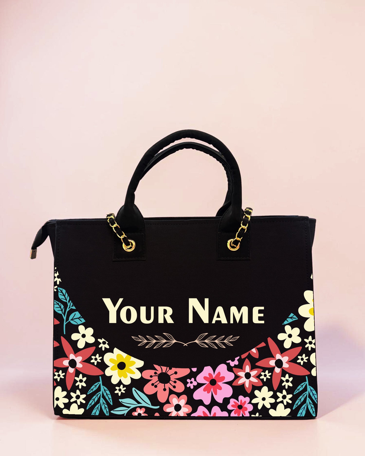 Personalized Floral Tote Bag for Women – Custom Name Black Handbag