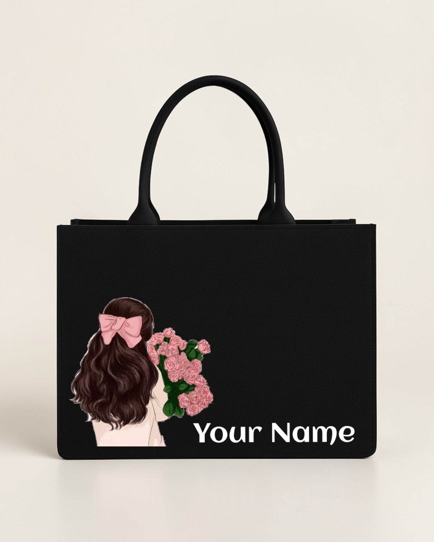 Customised Girl With Roses Tote Bag with Name | Personalized Canvas Tote Bag for Women | Floral Handbag – Nixa Style
