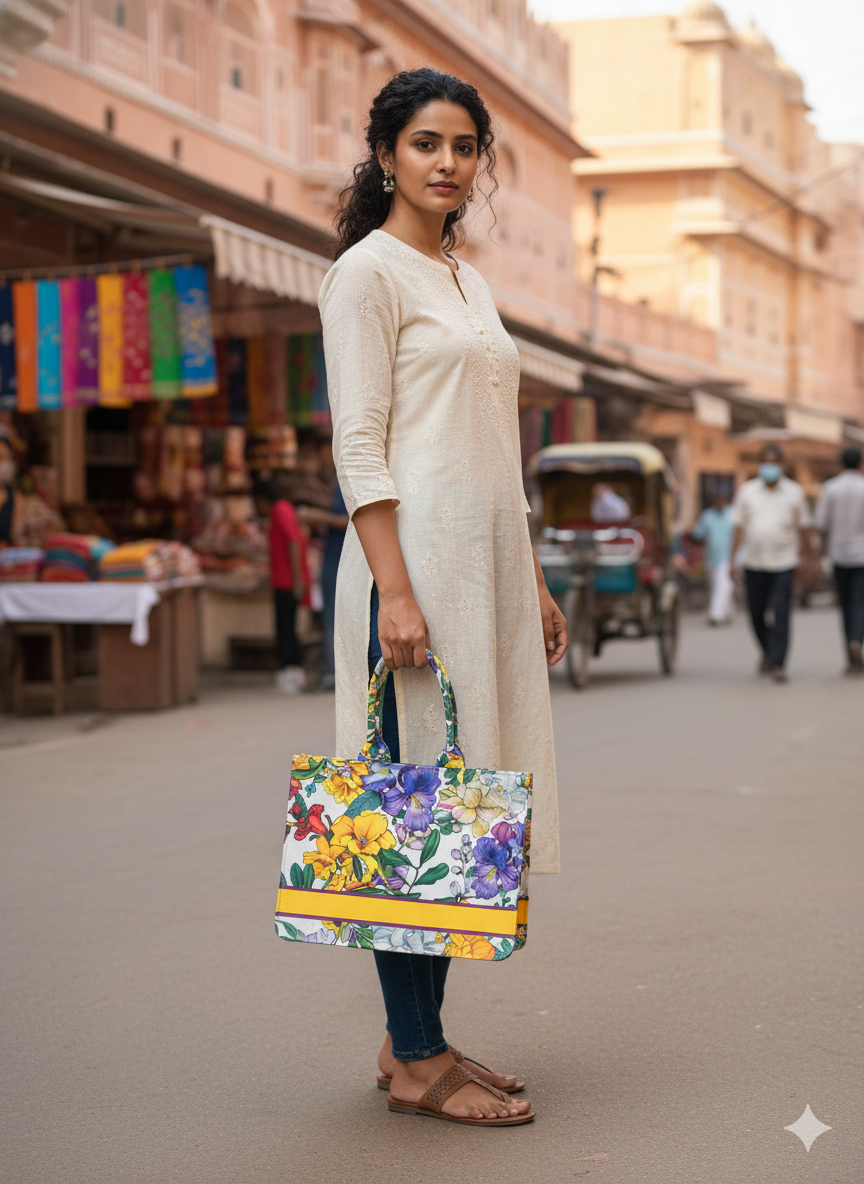 Personalised Colorful Floral Tote Bag with Name | Custom Canvas Tote Bag for Women | Stylish Office, College & Travel Bag