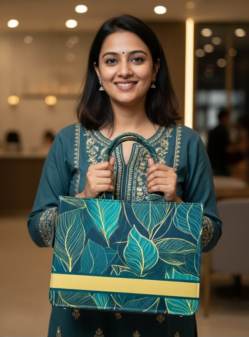 Personalised Leaf Design Tote Bag with Name | Custom Canvas Tote Bag for Women | Stylish Laptop & Daily Use Bag