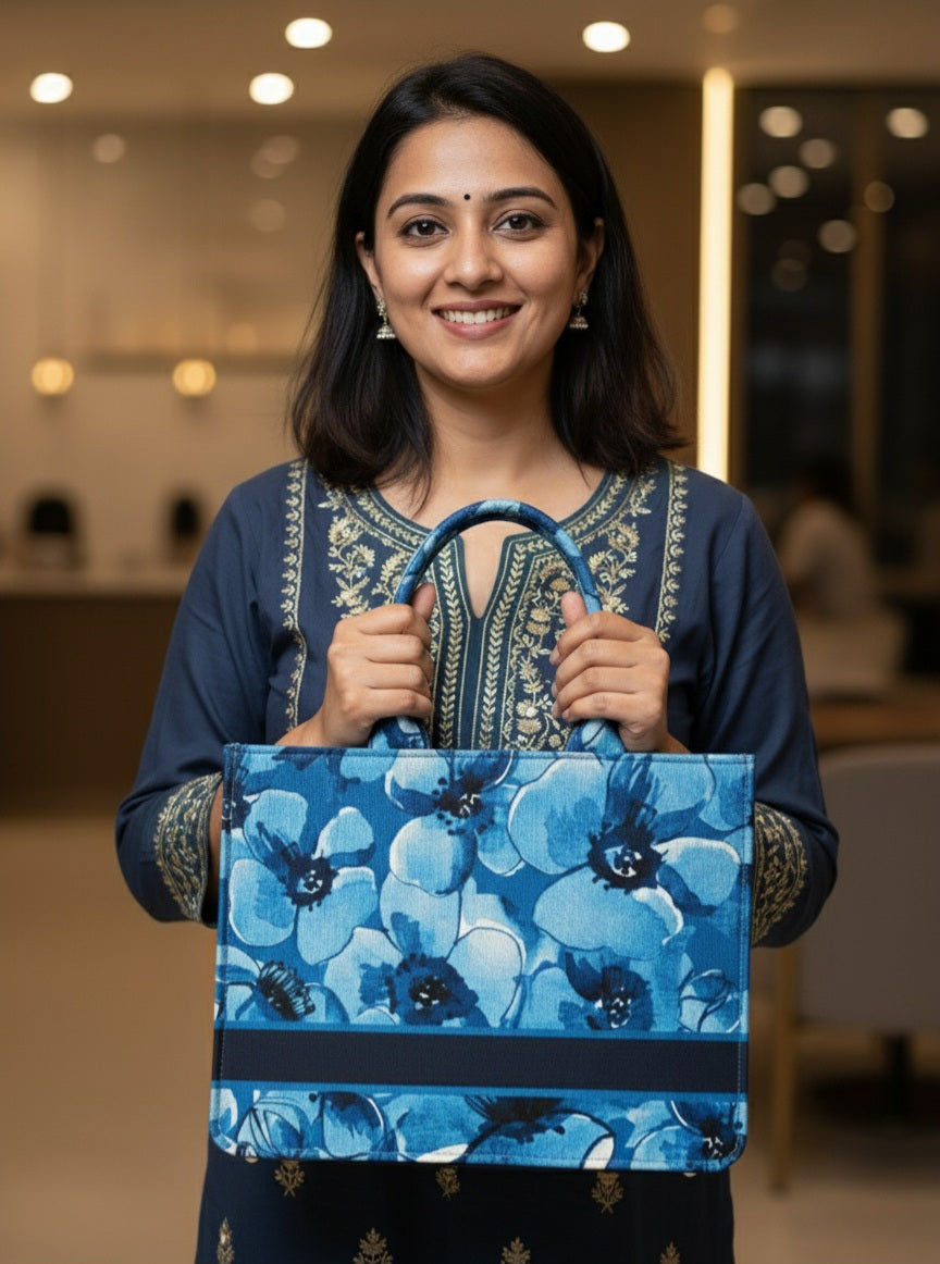 Personalised Blue Floral Tote Bag with Name | Custom Canvas Tote Bag for Women | Stylish Office, College & Travel Tote