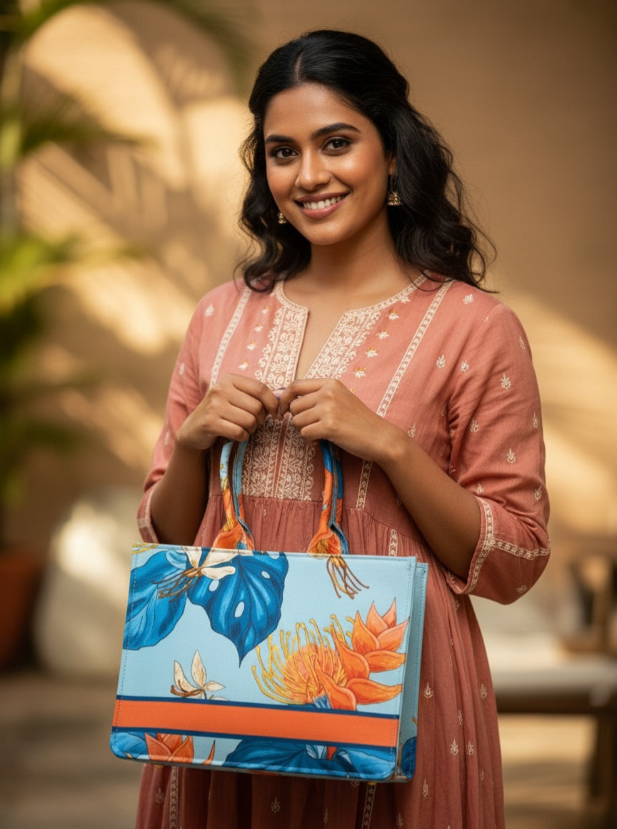 Personalised Tropical Floral Tote Bag with Name | Custom Canvas Tote Bag for Women | Stylish Office, College & Travel Bag