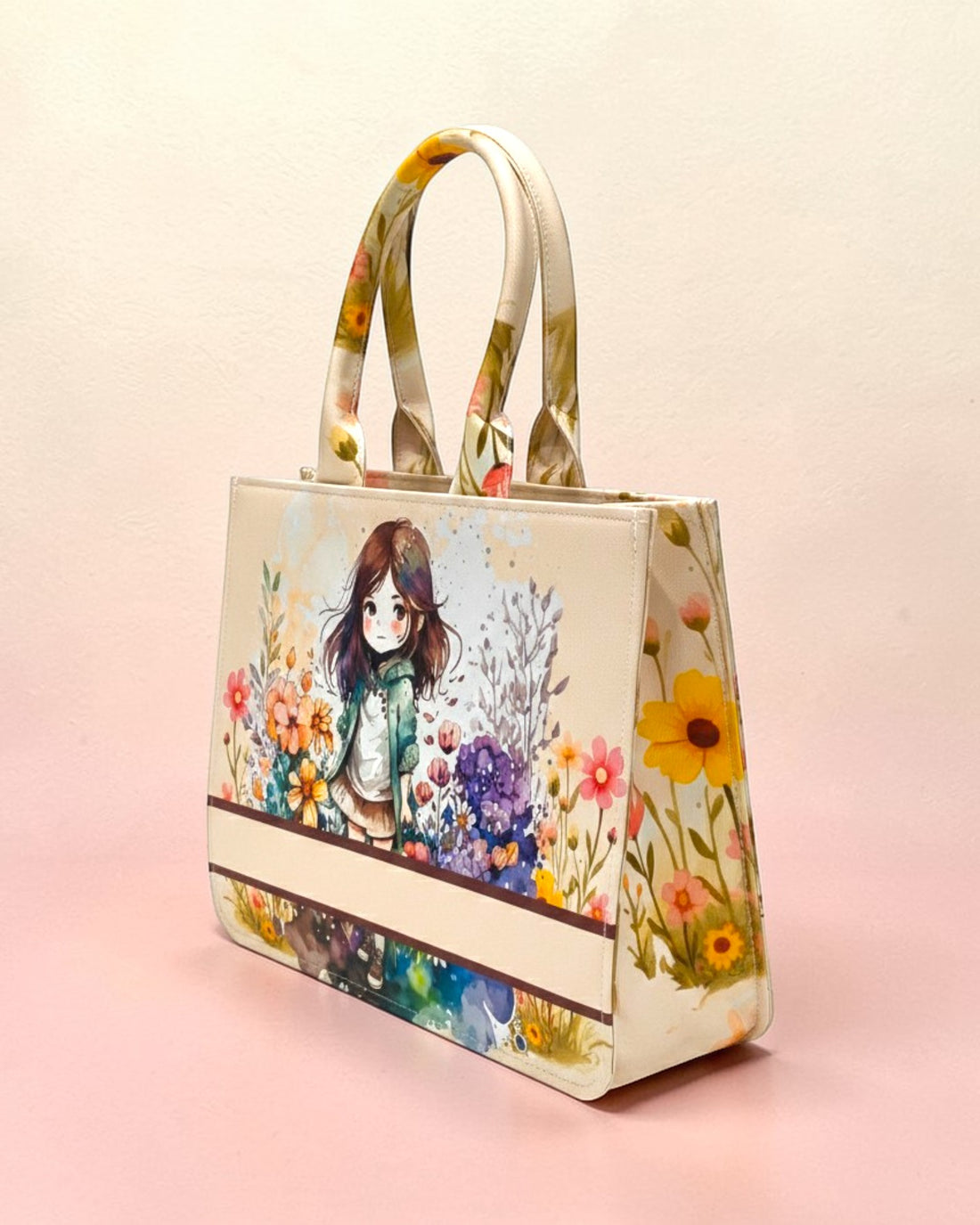 Customized Name Cute Girl Canvas Tote Bag for Women | Personalised Floral Illustration Handbag | Custom Gift Tote Bag