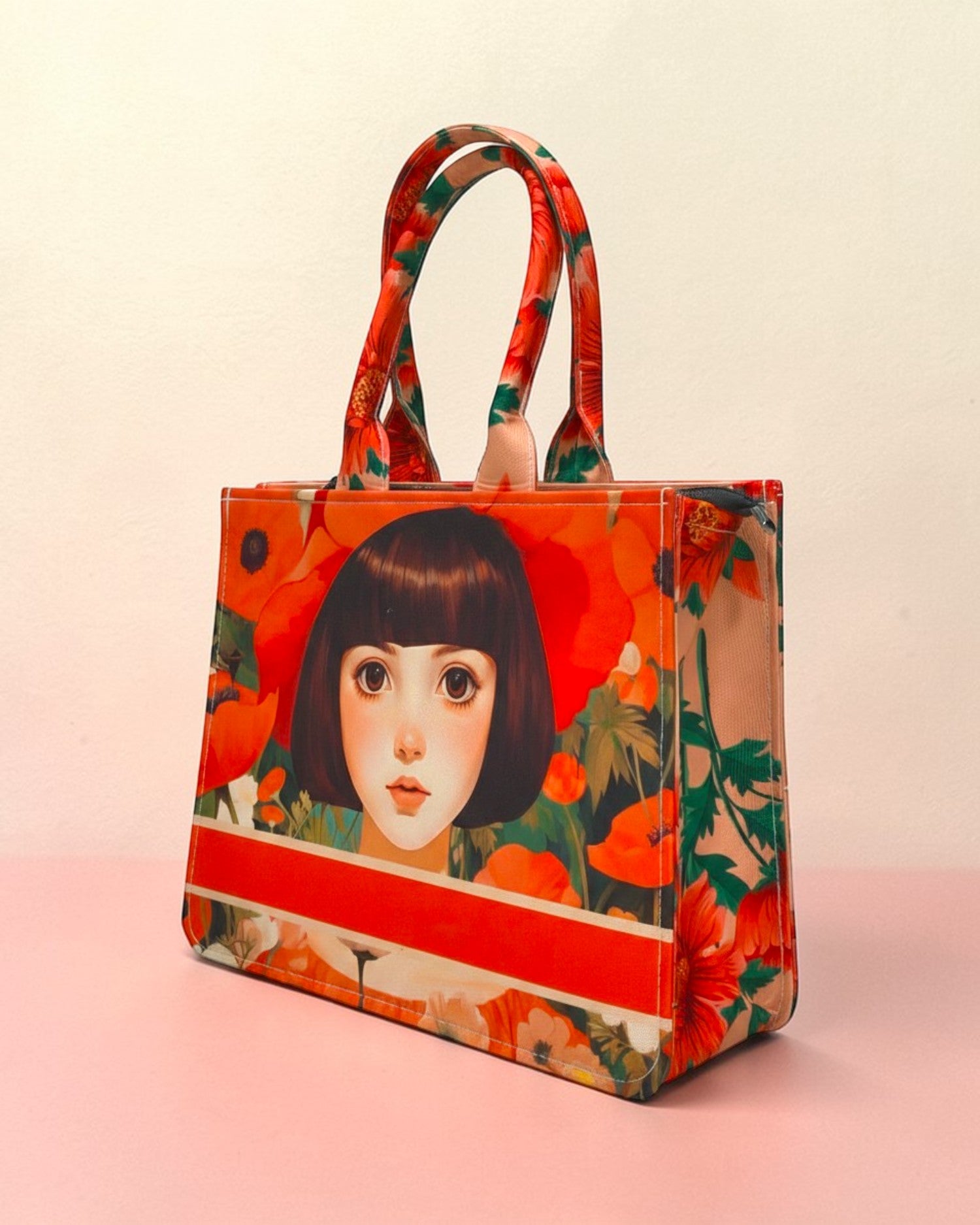 Aesthetic Anime Girl Canvas Tote Bag - Artistic Floral Portrait Shoulder Bag for Book Lovers, Japanese Manga Style Gift for Her, Sustainable Eco-Friendly Shopper.