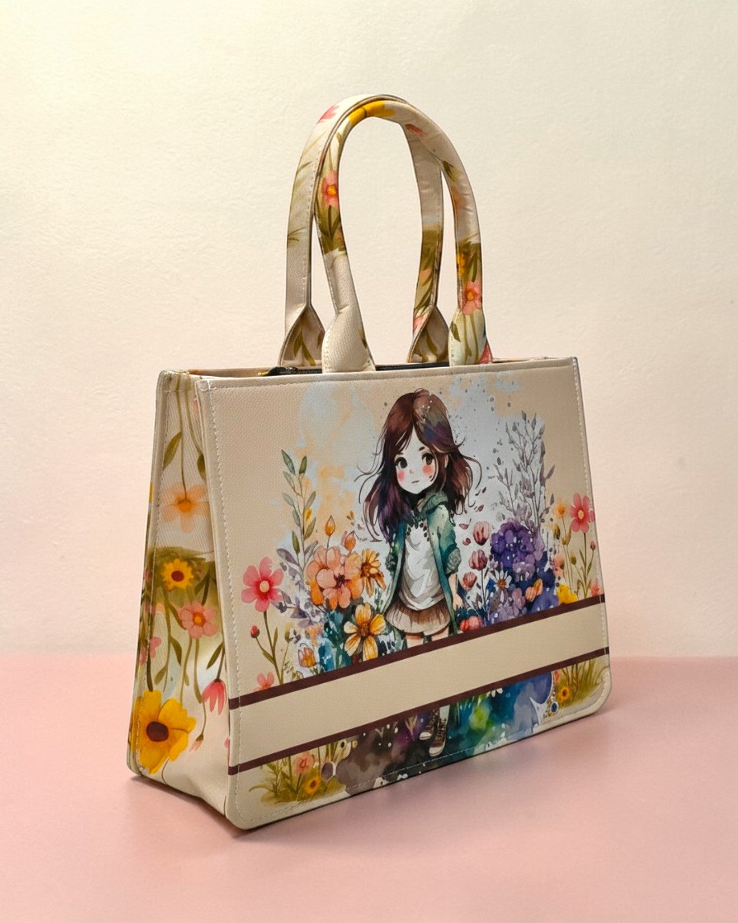 Customized Name Cute Girl Canvas Tote Bag for Women | Personalised Floral Illustration Handbag | Custom Gift Tote Bag