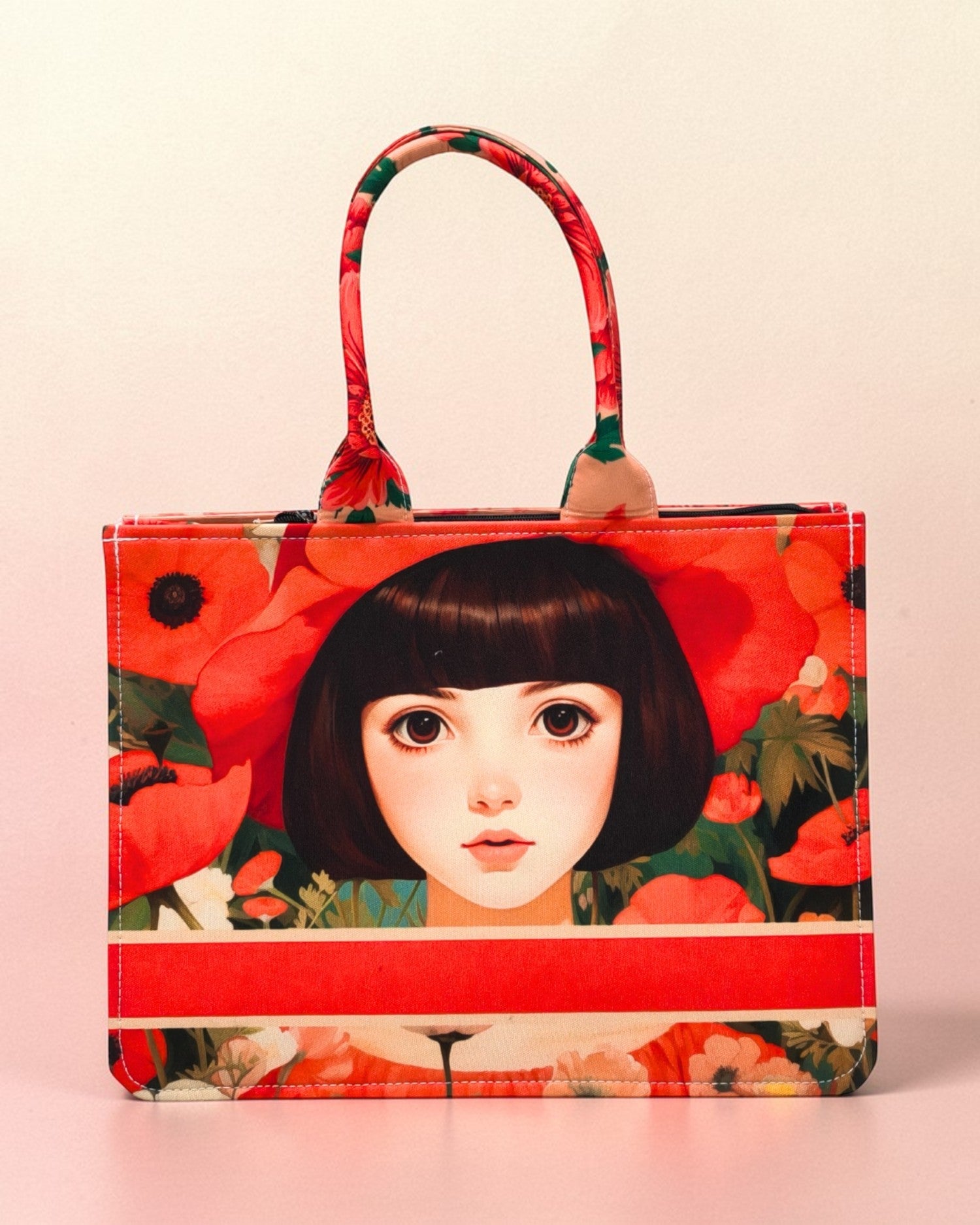 Aesthetic Anime Girl Canvas Tote Bag - Artistic Floral Portrait Shoulder Bag for Book Lovers, Japanese Manga Style Gift for Her, Sustainable Eco-Friendly Shopper.