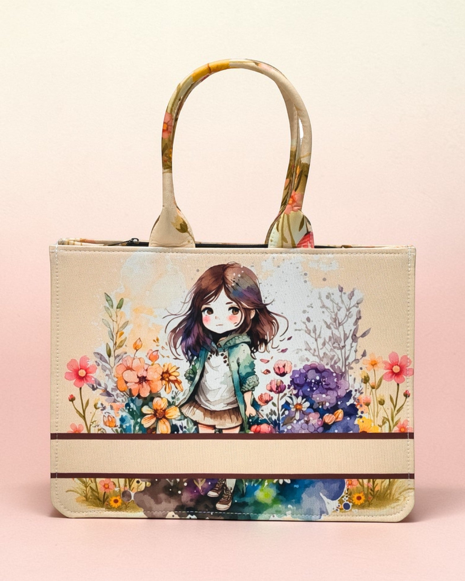 Customized Name Cute Girl Canvas Tote Bag for Women | Personalised Floral Illustration Handbag | Custom Gift Tote Bag