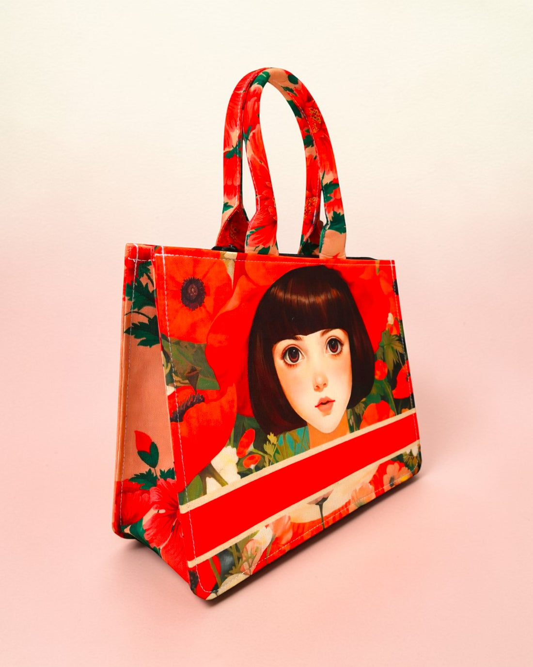 Aesthetic Anime Girl Canvas Tote Bag - Artistic Floral Portrait Shoulder Bag for Book Lovers, Japanese Manga Style Gift for Her, Sustainable Eco-Friendly Shopper.