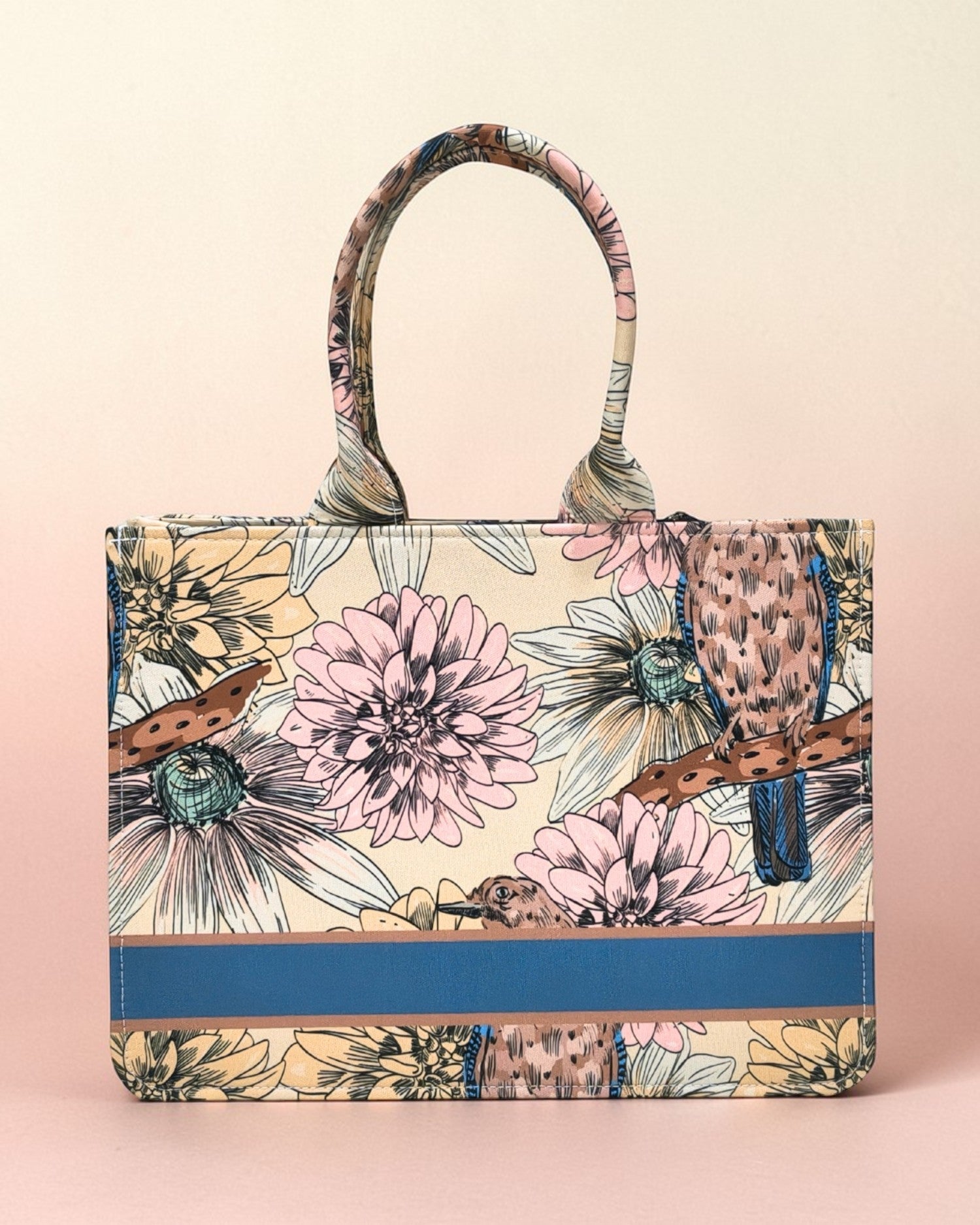 Personalised Vintage Floral Bird Tote Bag with Name | Custom Canvas Tote Bag for Women | Stylish Office, College & Travel Bag