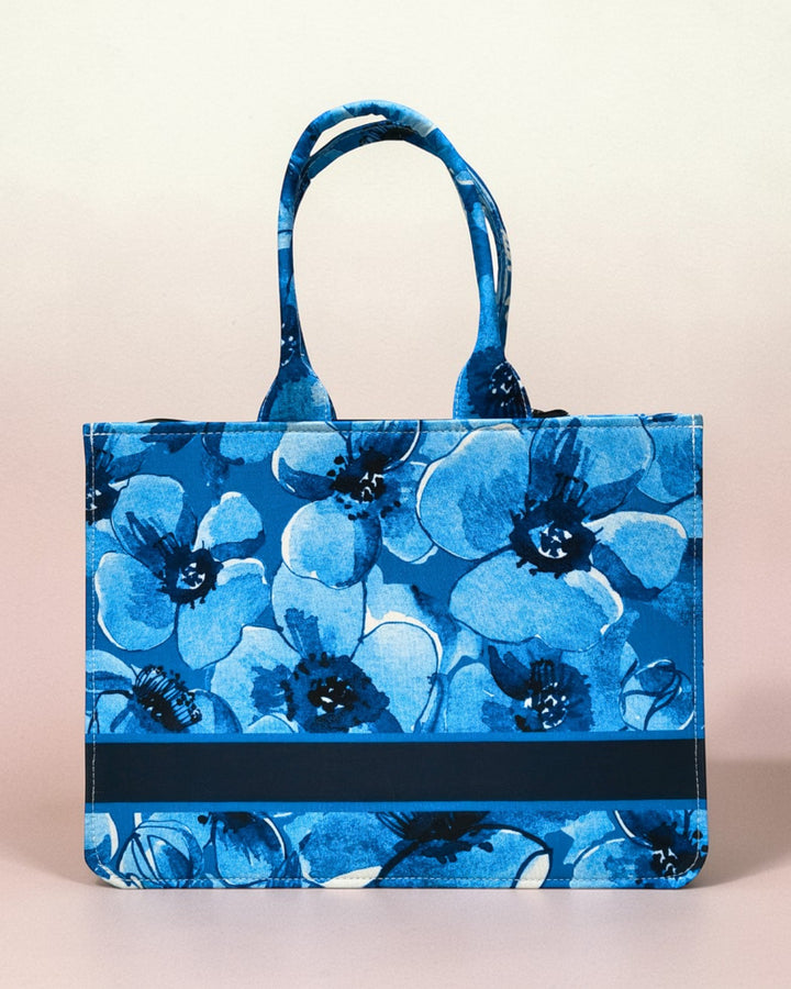 Personalised Blue Floral Tote Bag with Name | Custom Canvas Tote Bag for Women | Stylish Office, College & Travel Tote