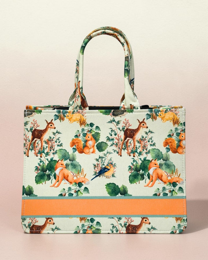 Customized Name Woodland Animal Canvas Tote Bag for Women | Personalised Fox Deer Forest Handbag | Custom Gift Tote Bag