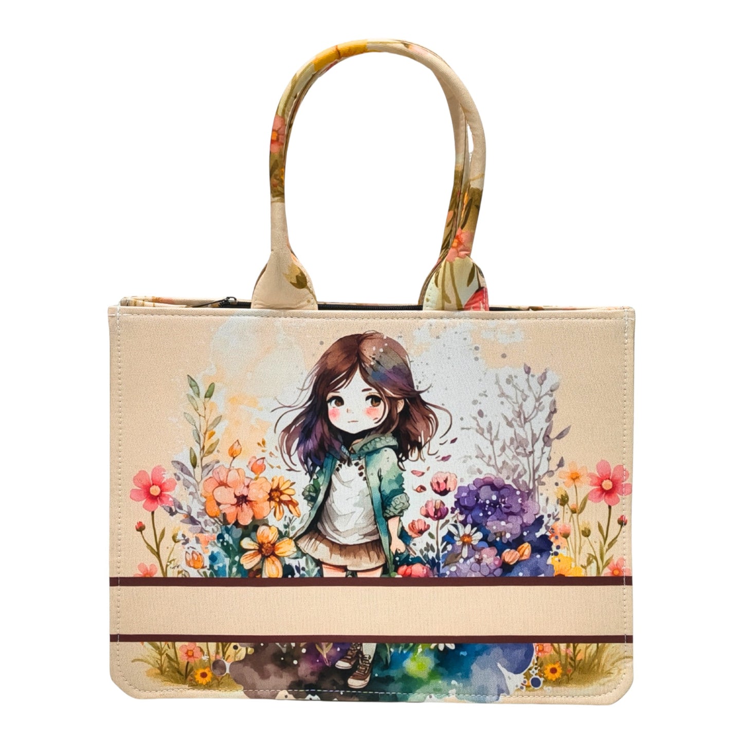 Customized Name Cute Girl Canvas Tote Bag for Women | Personalised Floral Illustration Handbag | Custom Gift Tote Bag