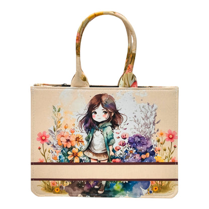 Customized Name Cute Girl Canvas Tote Bag for Women | Personalised Floral Illustration Handbag | Custom Gift Tote Bag