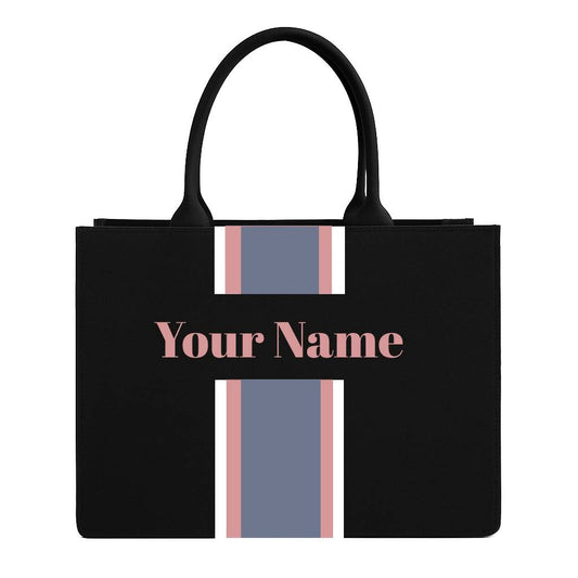 Personalized Tote Bag with Name – Custom Black Canvas Handbag with Stripes