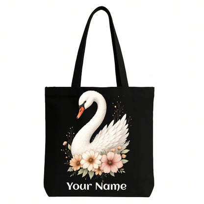 Personalised Swan Floral Tote Bag – Custom Name Black Canvas Shoulder Bag